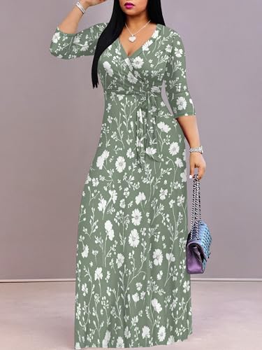 Image of Plus Size Dresses for Women Floral Print Maxi Dress Flowy 3 /4 Sleeve with Belt