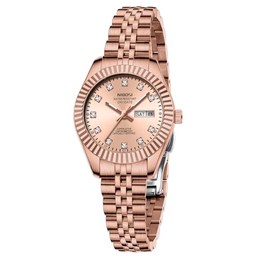 Image of NIBOSI Watches for Woman Analog Quartz Stainless Steel Diamond Rose Gold Green Small Dial Women Watches Classic Wrist Watch Date Waterproof