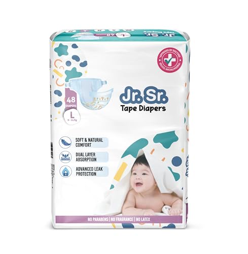 Image of Jr. Sr. Baby Tape Style Diaper | Adjustable Fit For Babies | Large (L) Size (9-14 kg), 48 Count | Pack of 1 | Upto 12 hr Absorption with Advanced Leak Protection | Soft & Comfy