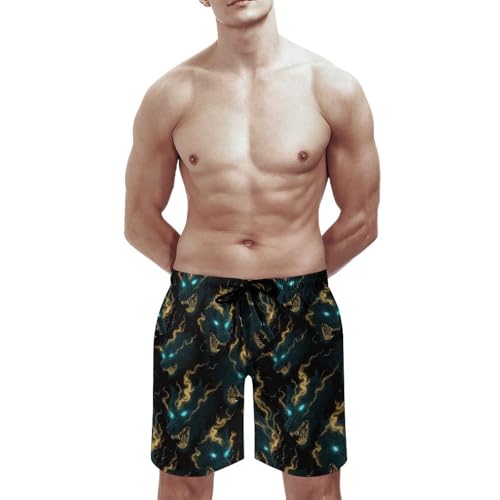 Hawaiian Shorts for Men - Comfy Golden Green Lightning Wolf Print Mens Swim Trunks Bathing Suits with Mesh Lining3