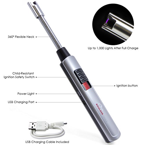 Boulder Tools Rechargeable Arc Lighter - Flameless Lighter - USB Plasma Lighter - Adjustable Extra Long Lighter for Hard to Reach Candles, BBQ Grills, Stoves, Fireplace, Campfires