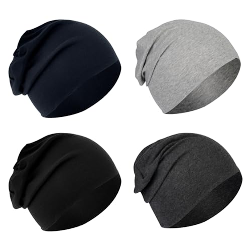 BEVTEE Cotton Slouchy Beanie for Men 4 Packs Skull Caps Lightweight for Winter Chemo Hats for Women Gift Fashion(Black + Light Off-White + Heather Grey + Navy Blue)