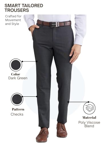 Image of Raymond Men's Mid Rise Slim Fit Checks Pattern Poly Viscose Blend Flat Front Formal Trouser