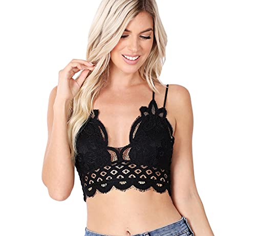 Zenana Women's Crochet Sexy Floral Lace Bralette with Cross Back Adjustable Spaghetti Strap and Removable Pads (Black, Large) - Image 3