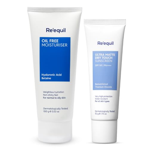 Image of Re'equil Oil-Free Hydrate & Protect Duo | Oily & Combination Skin | Oil-Free Moisturiser 100g + Ultra Matte Sunscreen SPF 50 PA++++ 50g | Lightweight Hydration, Oil Control | Pack of 2