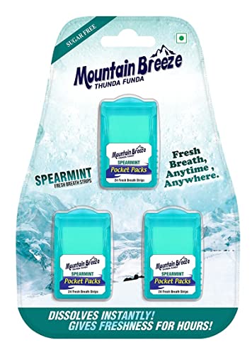 Image of Mountain Breeze Sugar-Free Spearmint Breath Strips - Instant Freshness. 24 Strips Per Cassette (Pack of 3), Oral Hygiene Mouth Freshener, 50 Grams NEW.