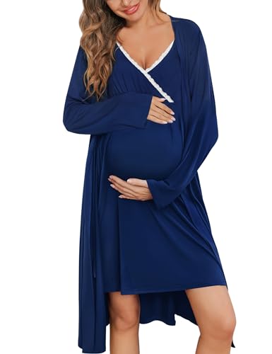 Image of SWOMOG Maternity Robe Nursing Nightgown 3 in 1 Labor Delivery Birthing Gown for Hospital Breastfeeding Bathrobes Lace Dress