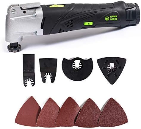 HAWKFORCE 12V MAX Cordless Multi-Purpose Oscillating Tool with 6 Variable Speeds, Keyless Tool Changing and 9 Pcs Accessories Set Multi Tool Kit for Grout Removing, Scraping, Cutting, Sanding