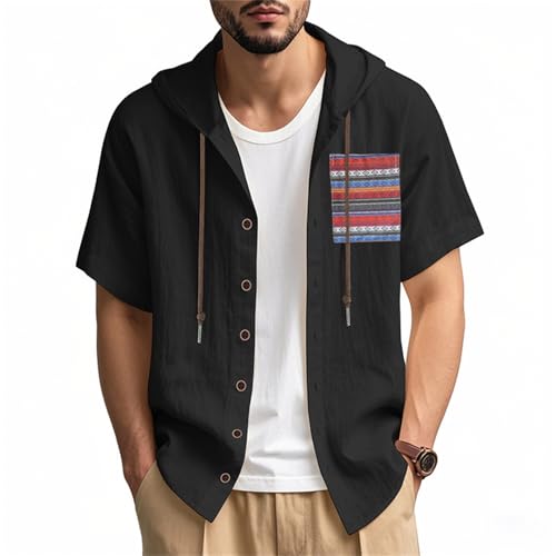 Men's Linen Shirts Breathable Quick Dry Short Sleeve Hoodies Trendy Summer Beach Cardigan Swim Cover Up Lightweight