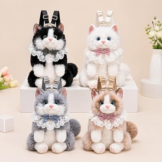 Image of Cute Realistic Cat Plush Backpack for Girls Women Kids, Stuffed Animal Kitty Bag with Meow Sound, Adjustable Shoulder & Crossbody Straps, Backpack for Travel School College
