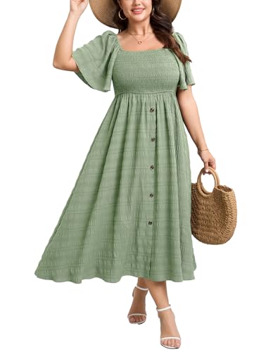Image of Plus Size Casual Maxi Boho Dress for Curvy Women Short Sleeve Square Neck Smocked Summer Beach Dresses Button Down