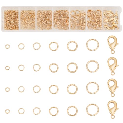 PH PandaHall 500pcs 24K Gold Plated Jump Rings for Jewellery Making 6 Sizes Brass Open Jump Rings Connectors with 10pcs Lobster Clasp for DIY Necklace Bracelet Choker Jewellery Repair Crafts