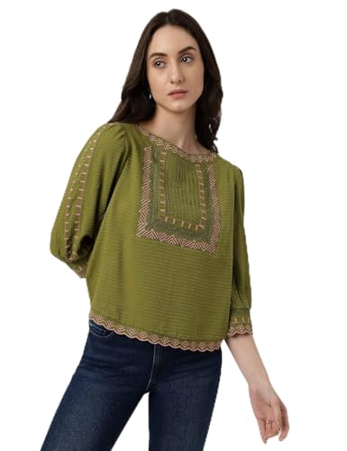 Image of Marks & Spencer Womens Embroidery Viscose Round Neck Regular Fit Top
