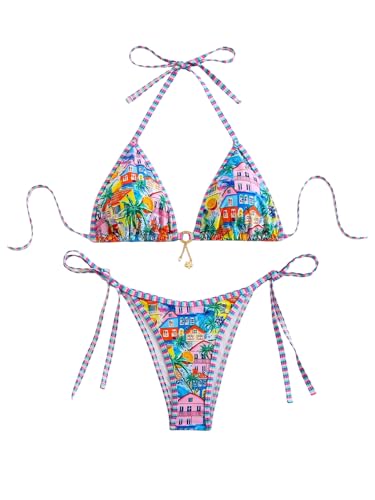 MakeMeChic Women's 2 Piece Bikini Sets Graphic Print Tie Back Halter Swimsuit Bathing Suit