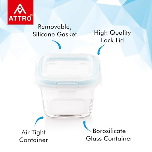 Image of ATTRO Glassox borosilicate Mini Square Glass food container with lock lid Small Food Container Air-Tight Leak-proof Bpa-Free Food Grade- 160ml Set of 2