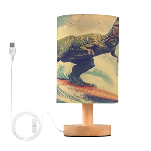 SDMKA Dinosaur on Surfboard Bedside Table Lamp for Bedroom, Minimalist Nightstand Lamp with Round Fabric Shade for Living Room, Office, No Bulb Required