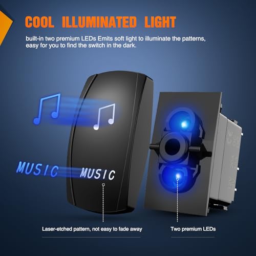 Image of Nilight Music Rocker Switch Led Light Bar 5 Pin Laser On Off | SPST Switches 20A /12V 10A /24V Blue with Jumper Wires Set for Cars Trucks Boats ATVs UTVs RVs