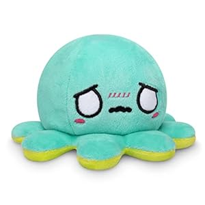 TeeTurtle Reversible Octopus Plushie – 4-Inch Happy Green + Worried Aqua Two-Sided Flip Plush Toy with Embroidered Details – Cute Mini Collectible Plush for Kids, Teens, and Adults