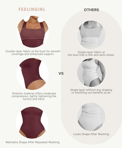 Image of FeelinGirl Bodysuits for Women Seamless Square Neck Tummy Control Compression Thong Shapewear Bodysuit Tank Tops Bodysuit