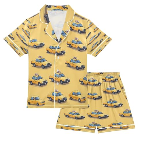 Satin Pajama Sets Short Sleeve Yellow Taxi Car Button Down Silky Nightwear 2 Piece PJS 5-14Y