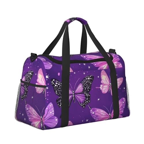 Purple Butterflies Duffle Bag Foldable Travel Tote Bag Carry On Large Weekender Overnight Bags Waterproof Gym Bag For Women Men