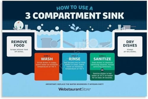 Restaurant Kitchen Wall-Art Three Sink Method Poster Dishwashing Procedure Canvas Print Food Guide for Cafe Bakery(Framed,12x18i