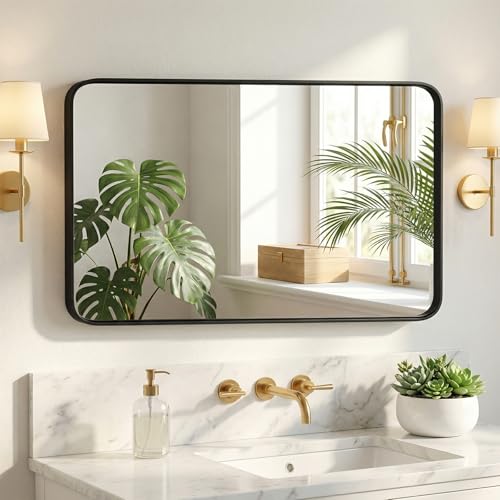 Image of NEWBULIG 24 inchx40 inch Black Wall Mirror, Bathroom Mirrors for Over Sink, Matte Metal Framed Vanity Mirror with Tempered Glass, Entryway, Living Room, Bedroom