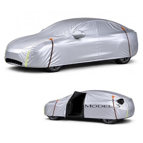Wigoo Tesla Model 3 Car Cover Accessories (20172026) Custom Fit All-Weather Outdoor Waterproof UV Sun & Heat Protection Ventilated Design Windproof Smooth Paint-Safe Lining Charging Port Zipper