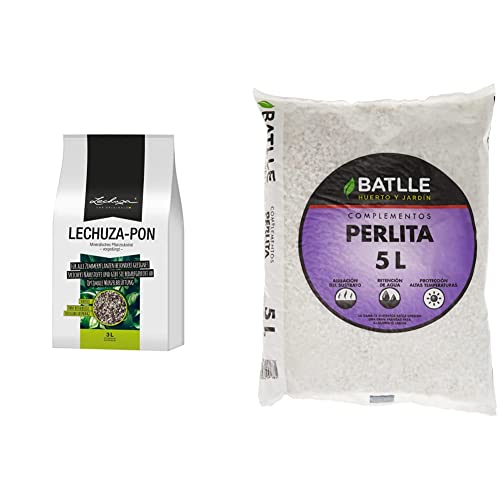 LECHUZA PON 3 litros + Semillas Batlle - Sustrato Perlita 5 L, Color Blanco y Turquesa
