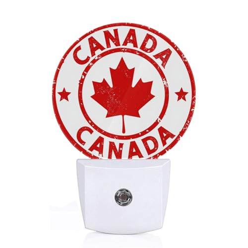 Axayaz Canada Stamp LED Night Light Maple Leaf Stars Red White Dusk to Dawn Round Lamp Auto Sensor for Bathroom Hallway Living R