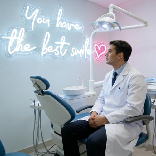 Image of You Have The Best Smile Neon Sign with Heart LED Wall Decor Light for Dental Clinic Business Logo Light Signs for Dental Clinic Tooth Care Studio Bathroom Wall Decor