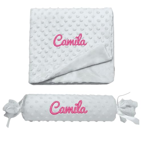 Various Manta y Cojin Personalizado para bebé Recien Nacido, Personalizado con su Nombre Bordado. (Gris)