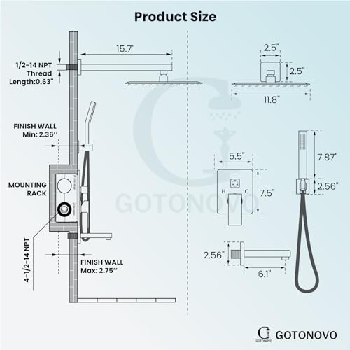 gotonovo-Shower-System-Set-with-Tub-Spout-3-Function-Wall-Mounted-Shower-Faucet-Combo-Rainfall-Shower-Head-and-Handheld-Spray-Rough-in-Valve-Shower-Trim-Kit-12-Inch-Matte-Black gotonovo Shower System Set with Tub Spout 3 Function Wall Mounted Shower Faucet Combo Rainfall Shower Head and Handheld Spray Rough in Valve Shower Trim Kit 12 Inch Matte Black