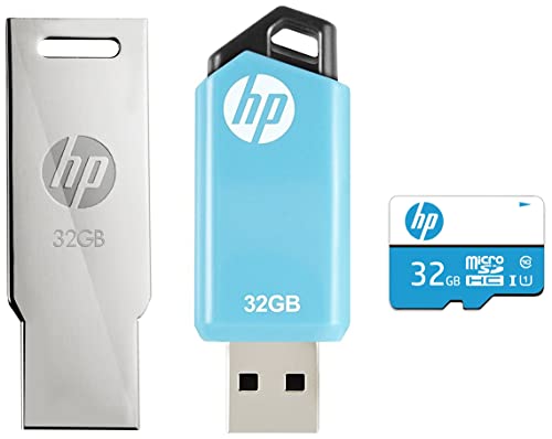 Image of HP 32GB Class 10 MicroSD Memory Card (U1 TF Card 32GB) & V232w 32GB USB2.0 Pen Drive (Silver) & v150w 32GB USB 2.0 Flash Drive (Blue)