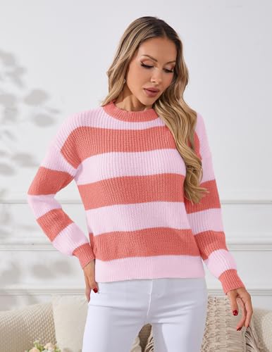Image of Libsorge Womens Striped Sweater Oversized Cute Color Block Sweaters Spring 2026 Trendy Knit Crew Neck Thin Pullover