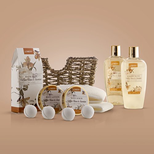 Fathers Day Home Spa Gift Basket - White Rose & Jasmine - Luxurious 11pc Bath & Body Set For Men & Women, Contains Shower Gel, Bubble Bath, Body Lotion, Scrub, Bath Salt, 4 Bath Bombs, Loofah & Basket