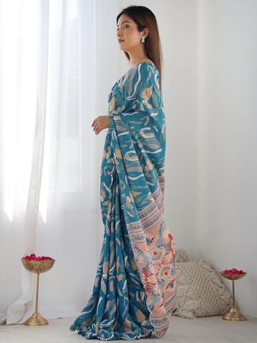 Image of Panzora Women's Chinon Printed Saree With Unstitched Blouse Piece