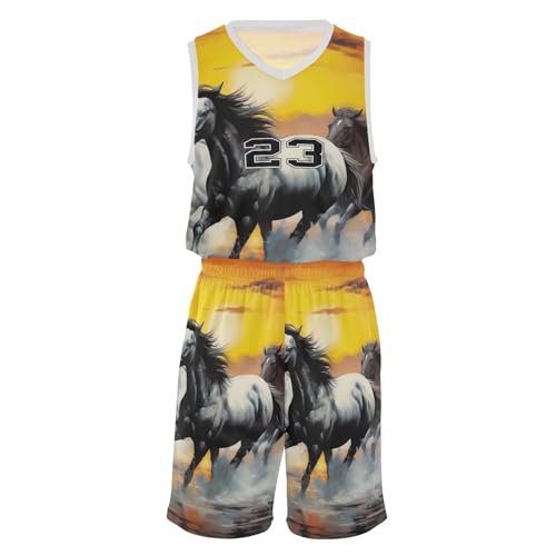FLildon Running Horses Painting Boys Basketball Jersey Set Tank Top Shorts Tracksuit Sport Training Suit for Kids, XXL