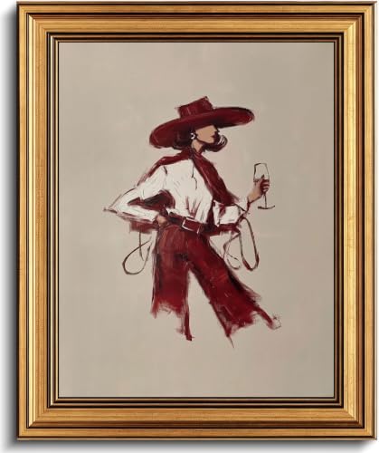 Image of Gold Framed 3D Textured Wall Art, Red Wine Cowgirl Canvas Prints, Modern Western Burgundy Fashion Pictures Decor, Vintage Editorial Cowgirl Artwork for Living Room Bedroom Entryway 16x24inch