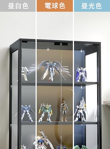 FUFU&GAGA ガラスケース 3段 2ドア強化ガラス 幅60 高さ118cm 三色LEDライト コレクションラック 透明ディスプレイキャビネット 防塵 フィギュアケース (ブラック) [3]