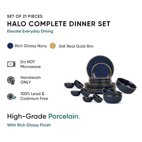 Image of Shay Ceramic Dinner Set, 21 Pcs, Blue Gold | Shay Goldline Series | Crockery Set for Dining Table | Dining Sets Crockery Items | Glossy Finish | Premium Ceramic (Blue Gold, 21 Pieces)