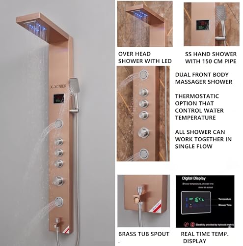 Image of X-xonier 304 Grade Stainless Steel Shower Panel 6 in 1 Shower System Handshower with Waterfall Outlet Tub Spout Body Massage Spray With Hot &cold Mixer
