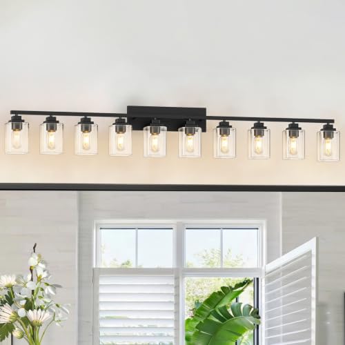 Image of Matte Black Bathroom Light Fixtures, 10-Light Vanity Lights over mirror