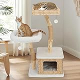 KULAMOON Modern Cat Tree Tower for Indoor Cats - Multi-Level Solid Wood Cat Condo w/Caves, 2 Large Perches, Scratching Posts, Hanging Toy for Large Cats Adult - Luxury Boho Pet Furniture