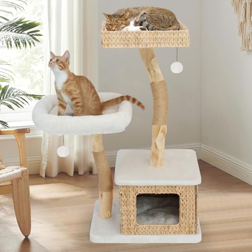 KULAMOON Modern Cat Tree Tower for Indoor Cats - Multi-Level Solid Wood Cat Condo w/Caves, 2 Large Perches, Scratching Posts, Hanging Toy for Large Cats Adult - Luxury Boho Pet Furniture