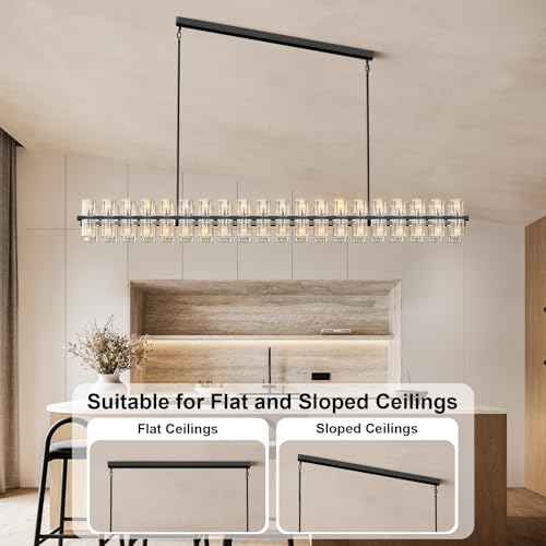 Image of Crystal Black Rectangular Chandelier Light Fixture,72 in Large Dining Room Chandelier Over Table,Modern Chandeliers for Living Room,Arcachon Chandeliers,Kitchen Island,Includes 80xG4 Bulbs