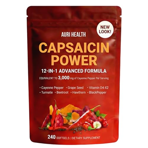 Auri Health Cayenne Pepper Capsules, Cayenne Pepper Softgels, with Vitamin E, D3+K2, Grape Seed, Hawthorn, Beet Root & Berberine Extracts (1)