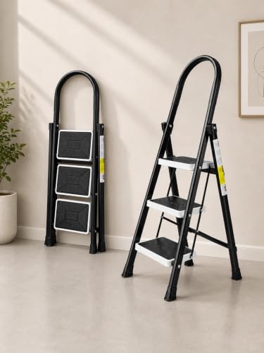 Image of KITCHIVO 3 Step Foldable Ladder with Safety Handrail, Wide Anti-Slip Steps & Non-Slip Feet, Heavy Duty Steel Step Ladder for Home, Kitchen & Office