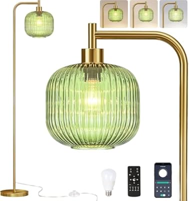 QIYIZM Glass Floor Lamp for Living Room,Bedroom,Gold Dimmable Standing Lamp with Remote,Mid Century Modern Brass Boho Tall Lamp Vintage Retro Floor Lamps Green Industria Floor Light Lamp Bohemian