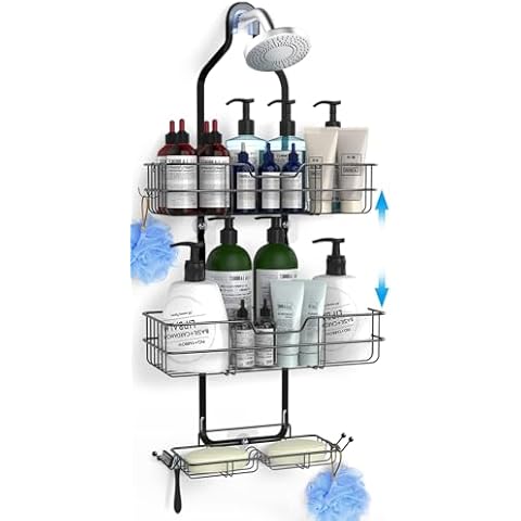 Turfson Hanging Shower Caddy Over Shower Head,Height Adjustable Shower Organizer Hanger Storage Rack Shelf For Inside Rustproof Bathroom Wall Basket With Soap Shampoo Holder Organization Black Cover